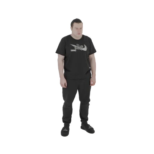 3D модель мужчины в черном спортивном костюме Nike, стоящего с руками по бокам.