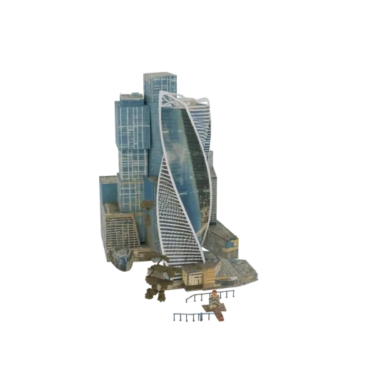 3D модель комплекса небоскребов Москва-Сити, с акцентом на извилистые Башни Федераций и окружающие современные здания.