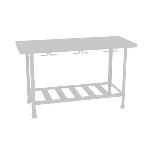 A 3D model of a modern kitchen island with a slatted lower shelf and a rack for wine glasses, rendered in a neutral gray.