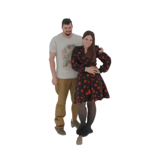 3D-модель мужчины и женщины, позирующих вместе, оба одеты в повседневную одежду, на белом фоне.
