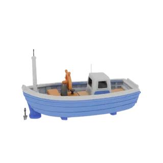 3D модель синего кораблика в детском стиле с якорем, штурвалом и рубкой на белом фоне