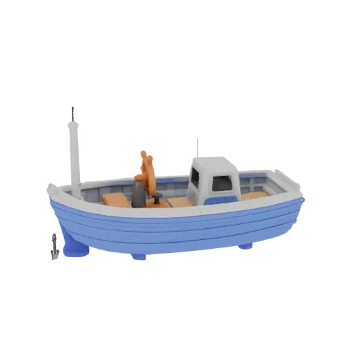3D модель синего кораблика в детском стиле с якорем, штурвалом и рубкой на белом фоне