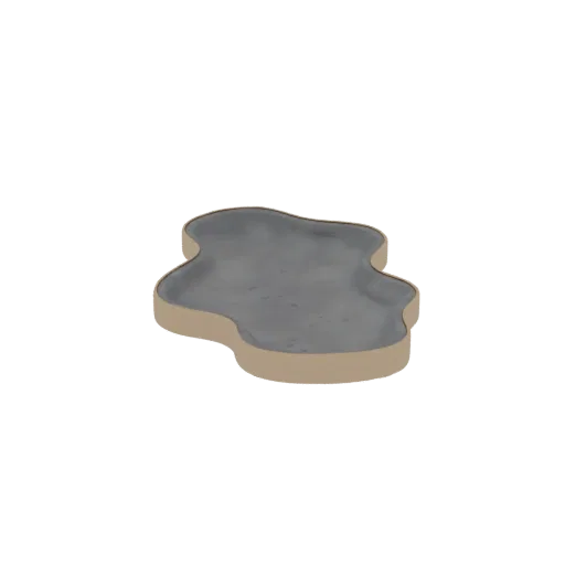 3D модель лужи с серой текстурированной поверхностью и песчаным бордюром, вид под углом.