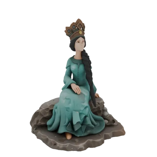 3D модель величественной королевы с короной, в бирюзовом платье, сидящей на скале с ниспадающей длинной косой.