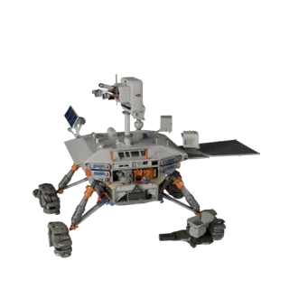 3D-модель лунного посадочного модуля «Проспектор», вид спереди три четверти, вьюпорт Unity, с пыльными колесами, положение ап