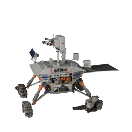 3D-модель лунного посадочного модуля «Проспектор», вид спереди три четверти, вьюпорт Unity, с пыльными колесами, положение ап
