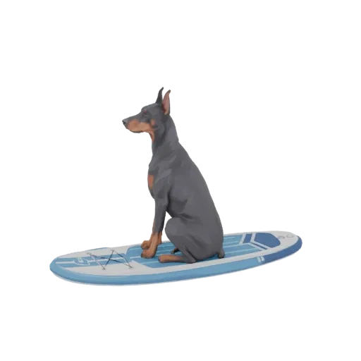 3D модель Добермана, сидящего на сине-белом сапборде, вид сбоку.