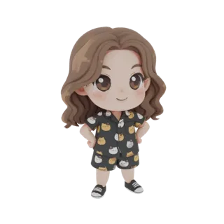 3D model of a cute chibi girl with brown hair, wearing black pajamas with cat prints, standing with hands on hips.