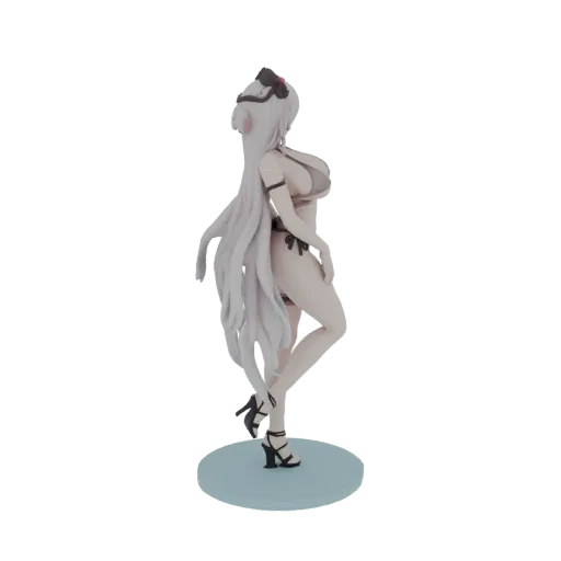 Вид сбоку 3D модели аниме демоницы с длинными белыми волосами, рожками и бикини, стоящей на светло-голубой подставке.