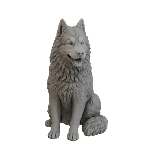Детализированная 3D-модель внимательно сидящей собаки породы хаски с четко проработанной текстурой шерсти и чертами морды.