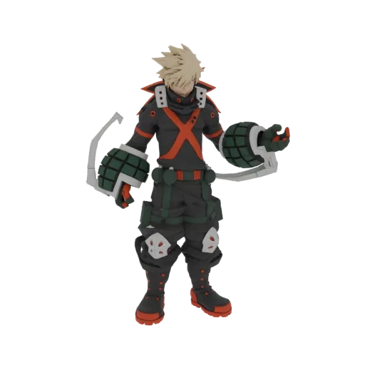 3D модель Кацуки Бакуго из My Hero Academia в динамичной позе, в костюме героя с гранатами на предплечьях.