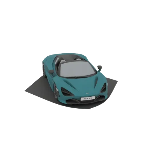 Бирюзовый 3D модель суперкара-кабриолета McLaren 720S Spider на темно-серой платформе на белом фоне.