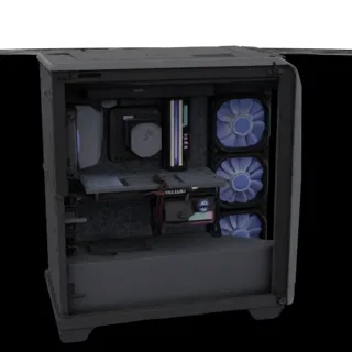3D модель игрового компьютера с синей подсветкой, видны компоненты: материнская плата, видеокарта, вентиляторы