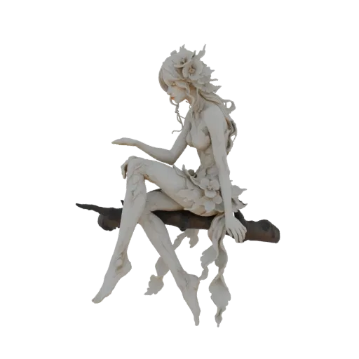 3D модель нежной феи, украшенной цветами, изящно сидящей на ветке дерева, с мягкой матовой отделкой.