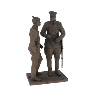 3D модель двух солдат в исторических военных формах, стоящих на основании и разговаривающих друг с другом.