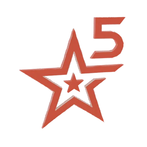 3D рендер красной звезды с цифрой 5, на белом фоне.