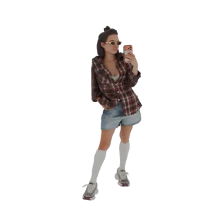 3D модель молодой девушки в клетчатой рубашке и джинсовых шортах, держащей телефон для селфи, в солнцезащитных очках и кроссо