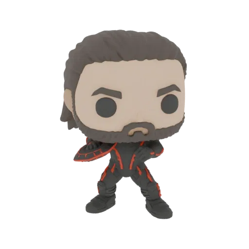 3D модель Тора в стиле Funko Pop, в костюме, соответствующем комиксам, с оружием в руках.