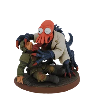 3D-модель доктора Зойдберга из Futurama, атакующего солдата, в хаотичной сцене диорамы.