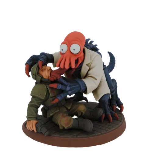 3D-модель доктора Зойдберга из Futurama, атакующего солдата, в хаотичной сцене диорамы.
