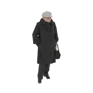 3D модель пожилой женщины в темном зимнем пальто, шарфе и шапке, с сумочкой