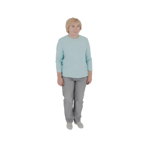 3D модель женщины со светлыми волосами в светло-голубой рубашке с длинным рукавом и серых брюках, стоящей и смотрящей вперед.