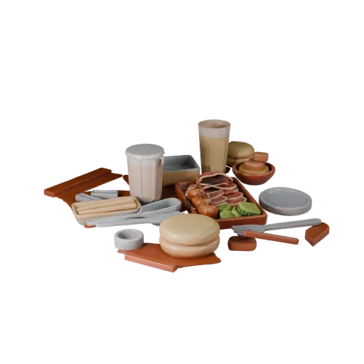 Печатаемая 3D модель доски для пикника и закусок, изометрический STL-рендер, показывающий керамику, сервировочную раскладку.