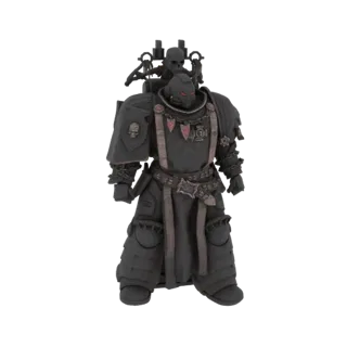 3D model of a Grimdark Space Marine Chaplain in dark armor, with a skull-adorned backpack and glowing red eyes, presented on
