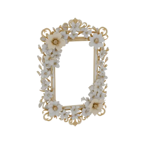 3D модель витиеватой фоторамки, украшенной белыми и кремовыми цветами и золотыми завитками, на белом фоне.