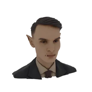 3D рендер бюста вампира-джентльмена в костюме и галстуке, с заостренными ушами и видимыми клыками.