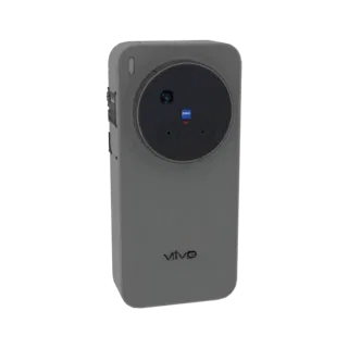 3D-модель смартфона Vivo X100 Pro, вид сзади, с акцентом на круглый модуль камеры Zeiss.
