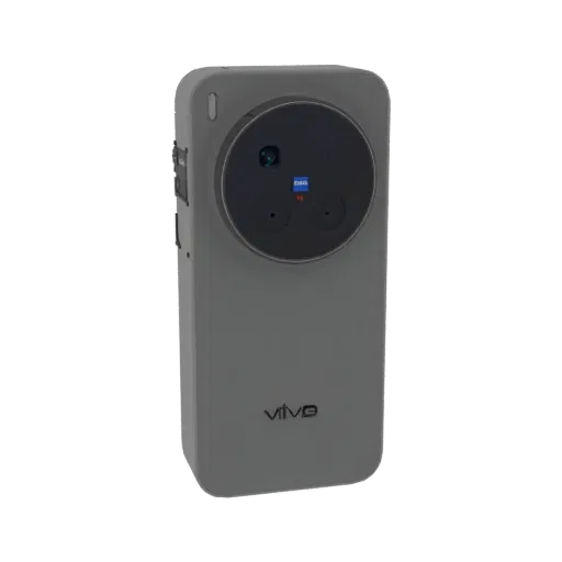 3D-модель смартфона Vivo X100 Pro, вид сзади, с акцентом на круглый модуль камеры Zeiss.