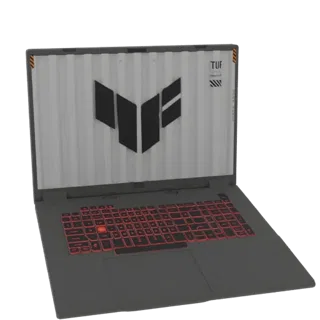 3D-модель игрового ноутбука ASUS TUF с красной подсветкой клавиатуры и логотипом TUF на экране.