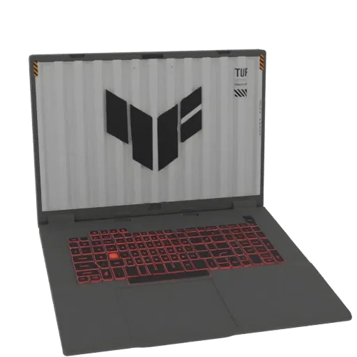 3D-модель игрового ноутбука ASUS TUF с красной подсветкой клавиатуры и логотипом TUF на экране.