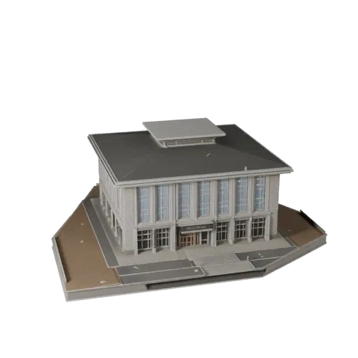 Реалистичная 3D модель общественного павильона, вид с трех четвертей снаружи, показывающий материалы общественного здания и а