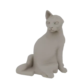 3D-модель стилизованной, элегантной кошки, изящно сидящей, отрендеренная в нейтральном матовом исполнении на белом фоне.