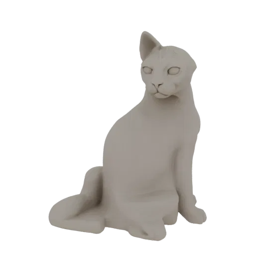 3D-модель стилизованной, элегантной кошки, изящно сидящей, отрендеренная в нейтральном матовом исполнении на белом фоне.