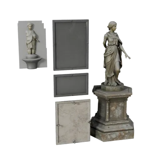 Предварительный просмотр реалистичной 3D-модели садовой статуи, показывающий силуэт, вид сцены в три четверти, пьедестал и де