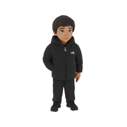 3D модель стилизованного мальчика в черной пуховой куртке и спортивном костюме, стоящего, руки в карманах.
