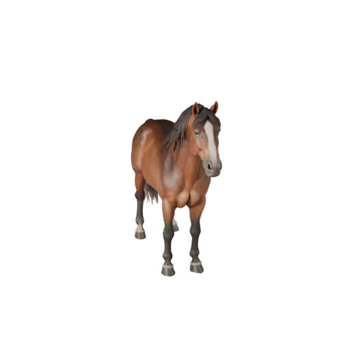 3D модель лошади, вид сбоку игровой камерой, готовый к использованию в Unity ассет животного с сужением морды, проработанными