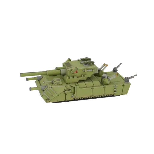 3D модель футуристического оливково-зеленого тяжелого танка с двумя основными орудиями и несколькими вторичными башнями на че
