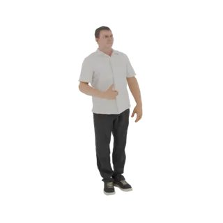 3D модель мужчины в белой рубашке и черных брюках, стоящего в повседневной позе, одна рука на животе.