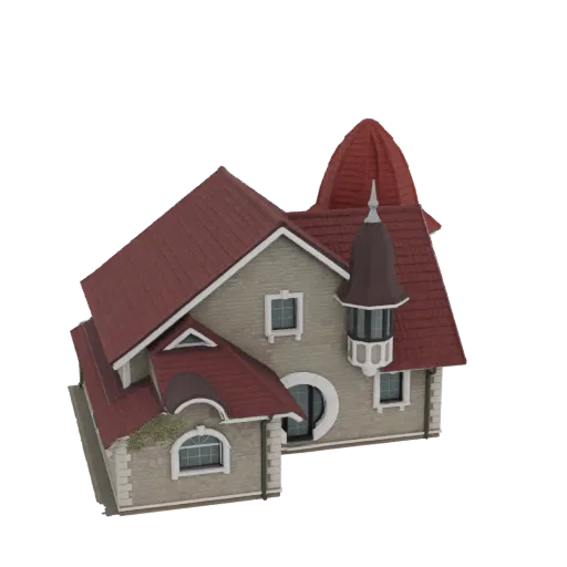 3D модель сказочной башни замка с красной конической крышей и детализированным каменным фасадом.