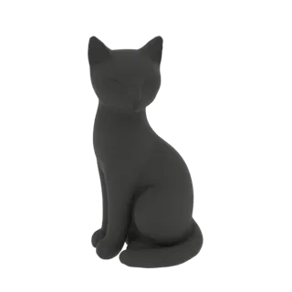3D-рендер черной матовой фигурки кота, элегантно сидящего с закрытыми глазами.