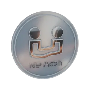 3D рендер металлической монеты NE Acan со смайликом и текстом 'NE Acan', изолированный на белом фоне.