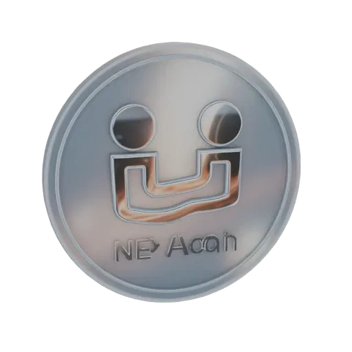 3D рендер металлической монеты NE Acan со смайликом и текстом 'NE Acan', изолированный на белом фоне.