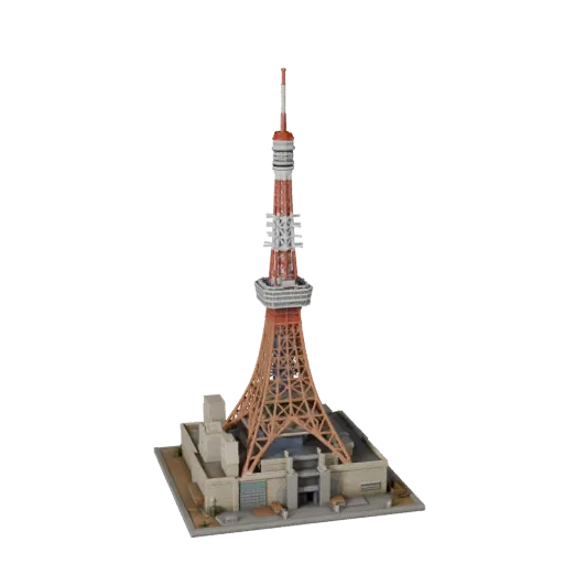Стилизованная 3D модель Токийской башни, изометрический стилизованный вид игровой среды, показывающий материалы и архитектурн