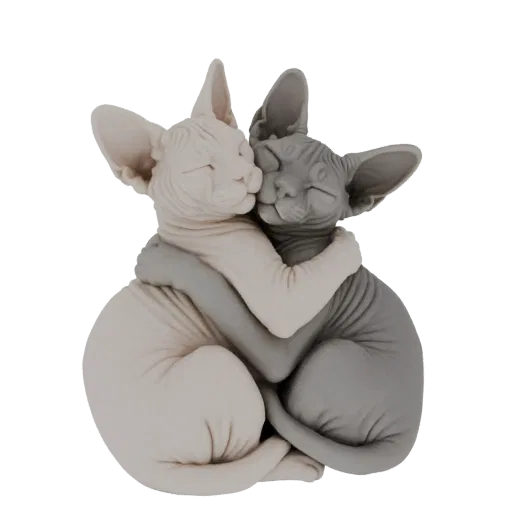 3D модель двух кошек сфинксов, одна светло-кремовая, другая серая, обнимаются с закрытыми глазами, символизируя привязанность