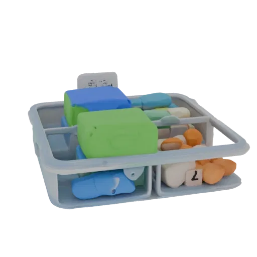 3D модель многосекционного органайзера для таблеток с индивидуальными крышками, показывающая светло-голубую рамку и полупрозр
