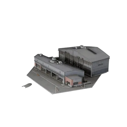 Реалистичная 3D модель ангара для самолетов, вид с трех четвертей снаружи, показывающий промышленные строительные материалы и